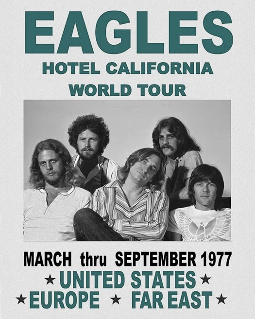 Póster brillante de la gira mundial 1977 de la banda de rock The Eagles 8x10 impresión de Glenn Frey Foto 1 de 1