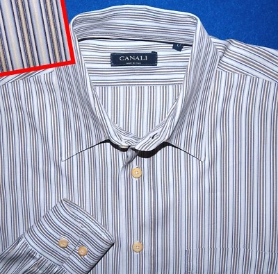 CANALI MENS SHIRT L TAN BLUE CREAM JACQUARD STRIPED ITALIAN - Image 1 of 4