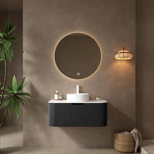 36"Bathroom Vanity w/Sink,Modern Wall-Mounted Floating Curved Edges Striped Bath - Picture 1 of 5