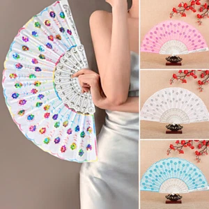 LOTE de abanico decorativo de baile de verano plegable con estampado clásico brillante para damas - Imagen 1 de 26