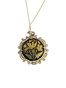 Vintage Gold Tone Damascene Filigree Bird and Floral Pendant Necklace - Picture 1 of 3