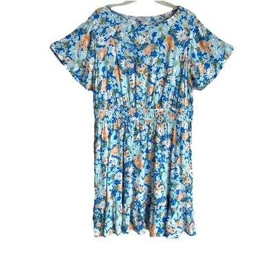 Croft & Barrow Sz 1X Blue Floral Dress Short Sleeves Elastic Waist Ruffle Hem - Image 1 of 4