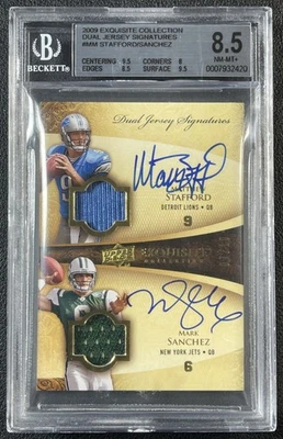 MATTHEW STAFFORD MARK SANCHEZ BGS 8.5 2009 UD EXQUISITE DUAL JERSEY AUTO 7/10 RC - Image 1 of 2