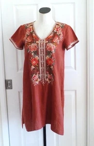 JOHNNY WAS 100 % Leinen Herbst Rost bestickt Vogel Blumen V-Ausschnitt Kleid XS S $ 248 - Bild 1 von 16
