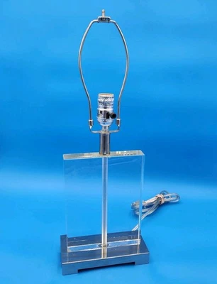 Modern Crystal Glass & Chrome Rectangle Shape Base Table Lamp 21" + Harp Working - Image 1 of 4