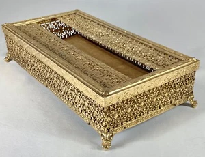 MID CENTURY Tissue Box Cover HOLLYWOOD REGENCY Gold Metal Filigree Footed EVC - Picture 1 of 7