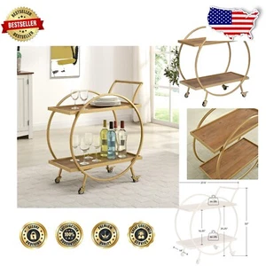 Modern Gold Bar Cart with Engineered Wood Shelves - 2 Tier & Easily Maneuverable - Picture 1 of 9