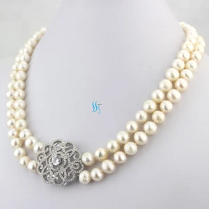 18-19 Zoll 8-9 mm weiße AA schwere Oberfläche Süßwasser Perlen Halskette Hochzeit B-46 - Bild 1 von 5