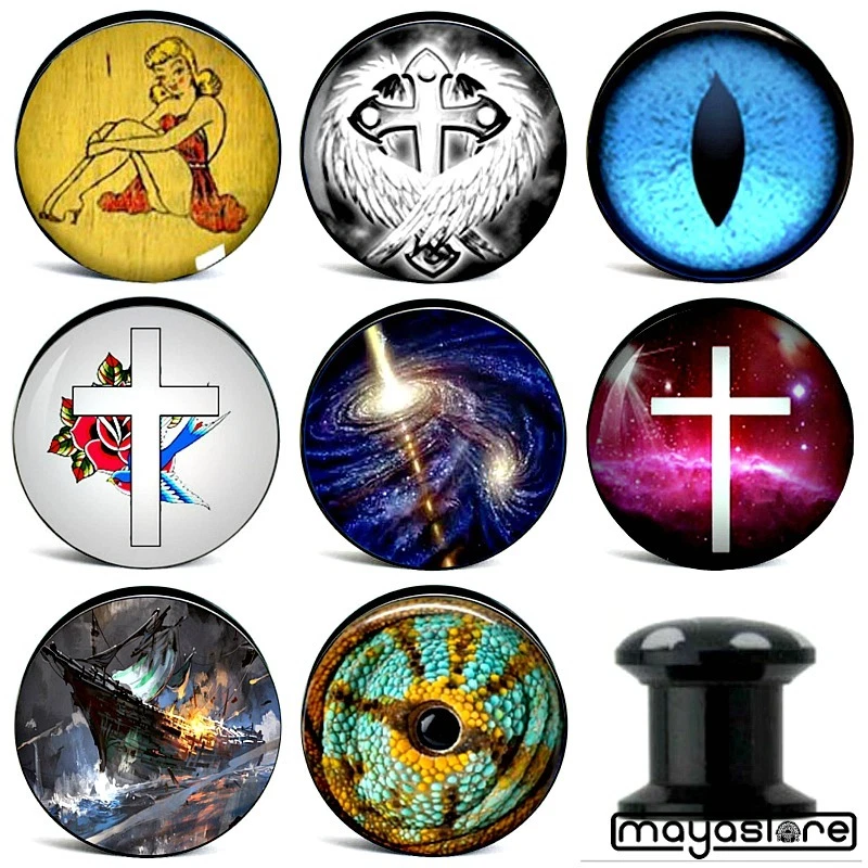 4MM-16MM OHR PLUG SCHRAUB SCREW FIT TUNNEL PIERCING FLESH SCHWARZ KREUZ AUGE EYE - Bild 1 von 1