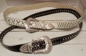 Lot of 2 Rhinestone Cowboy Unisex Belts White, Black has removable Buckle 36"-41 - Picture 1 of 24