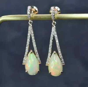 3Ct Pear Cut Lab-Created Fire Opal Drop/Dangle Earrings 14K Yellow Gold Plated - Picture 1 of 8