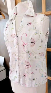 Linen Shirt Butterfly Embroidered White Sleeveless Buttoned Front Tweeds Sz L - Picture 1 of 6