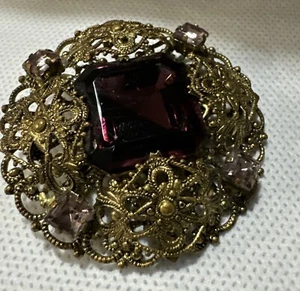 Vintage Czech Amethyst Purple Art Glass Filigree Brooch Pin - Picture 1 of 12