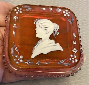 Westmoreland Cranberry Glass Trinket Box Handpainted Signed Cameo Vintage 2.5" - Picture 1 of 13