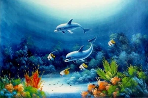 Pintura de paisaje marino de delfines pintada a mano de 24"x 36" - Imagen 1 de 2