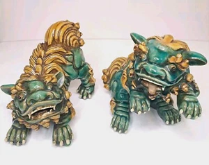 Chinese Foo Dog Fu Lion Statues Ceramic Pottery with Makers Mark Some Damage Vtg - Picture 1 of 24