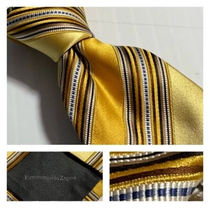 ERMENEGILDO ZEGNA Krawatte Italien Gelbgold Streifen Silber Blau Akzente Seide Baumwolle - Bild 1 von 13