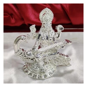 Saraswati Idol In Pure 925 Silver / Sarasvati Mata Statue In Silver - Picture 1 of 1