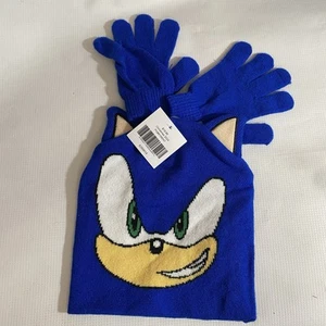 Sonic The Hedgehog Sega Beanie Hat & Gloves Set Knit Cuffed With Ears Blue - Picture 1 of 4
