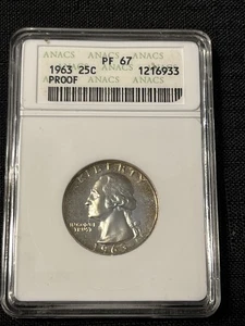1963 ANACS PF67 SILVER PROOF WASHINGTON QUARTER GREAT EYE APPEAL 25c OLD HOLDER - Picture 1 of 2