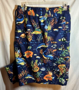 K S Island Navy Tropical Swim Trunks Ocean Fish Lined Size 9 XL - Picture 1 of 13