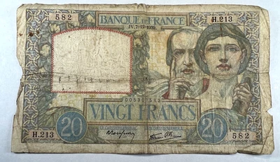 1939 France 20 Twenty Vingt Francs, Allegories of Science and Labour - Image 1 of 2