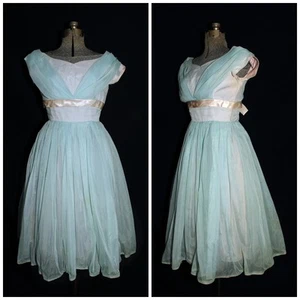 VTG 50s Pale Blue Chiffon & Petal Pink Satin Prom Party Dress XS Tulle Petticoat - Picture 1 of 10