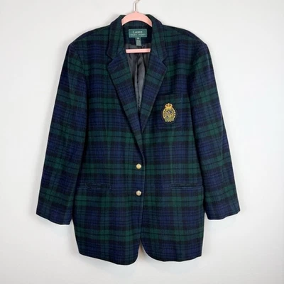 Antigo Lauren Ralph Lauren relógio preto verde xadrez blazer de lã brasão de barras tamanho 20W - Imagem 1 de 4