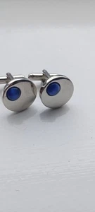 Silver Tone Metal And Blue Glass Circular Cufflinks - Picture 1 of 5