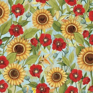Fabric Flowers Sunflowers & Poppies on Cotton SUSAN WINGET 1/4 Yard 1600715 - Picture 1 of 6