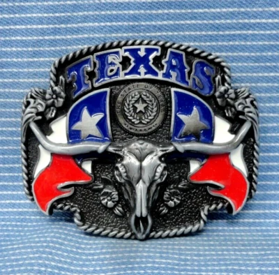 Fivela de cinto Texas Longhorn caveira bandeiras selo estadual borda amarrada vintage anos 90 .GTA260 - Imagem 1 de 4
