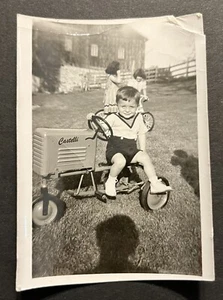 Little Boy On Castelli Toy Pedal Tractor Vintage B&W Photo 3x4 Farm - Picture 1 of 2