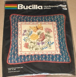 1989 Bucilla / Alexa Designs "Country Butterflies" Floral Needlepoint Pillow Kit - Picture 1 of 2