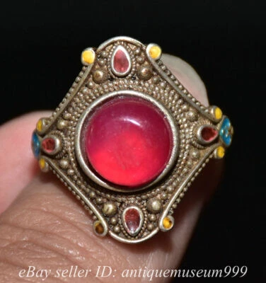 Anillo de dedo flor dinastía gema roja luz de las estrellas con incrustación de plata china antigua de 1" Foto 1 de 4