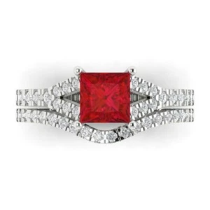 Conjunto de anillo de piedra rubí corte princesa 2,01 banda nupcial curvado oro macizo blanco 14k - Imagen 1 de 5