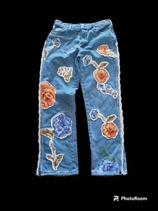 OOAK 30W×29L Altered Jeans Floral Patchwork And Embroidery, Magnolia Wabi Sabi - Picture 1 of 8
