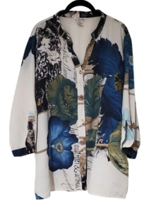 Zitrone Santa Monica 100 % Seide Blumenmuster Knopfleiste Top Größe 2X - Bild 1 von 3
