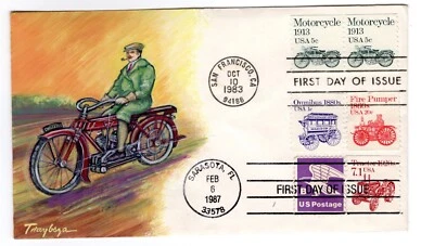 1899 Motorcycle 5c Transportation Coil 1983 FDC  Hand-painted Trayboza Dual 2127 - Image 1 of 2