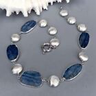 Natural Blue Kyantie With Electroplated Edge Silver Color Brushed Necklace