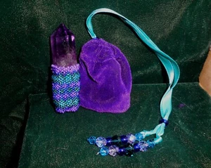 Amethyst Stone Point Beaded Wand in Purple Cobalt & Aqua Blue Teal Green Wiccan - Picture 1 of 8