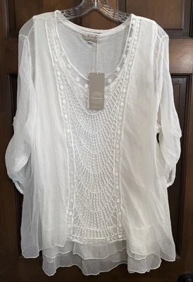 Bellambra | Blusa de seda italiana para mujer blanca fluida semi transparente superpuesta nueva con etiquetas -1X Foto 1 de 4