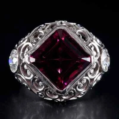 Shiny Asscher Rubellite Tourmaline & Round White Sapphire Filigree Design Ring - Изображение 1 из 4