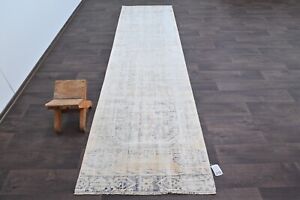 Vintage Turkish Runner Rug 3x11ft Wool Anatolian Handmade Hallway Oushak WHITE
