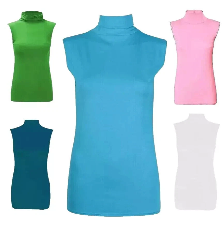 Ladies Polo Neck Sleeveless Stretch Women's Turtle Neck Jersey Basics Top 8-26. - Image 1 of 1