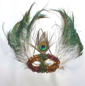 Masquerade Feather Eye Mask Mardi Gras Halloween Party Gold Whispy Peacock - Picture 1 of 5