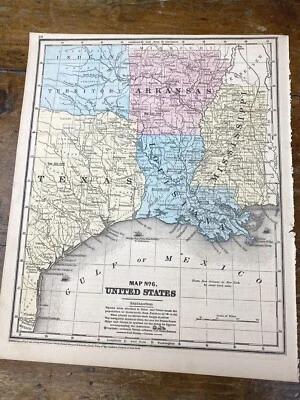 Mapa coloreado a mano 1853 TEXAS, LA, MS, AR, TERRITORIO INDIO, ferrocarril, mapa limpio Foto 1 de 4