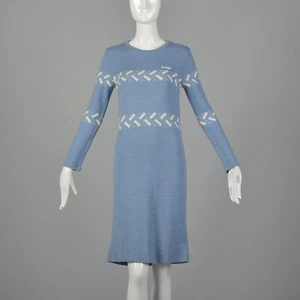 XS Courreges Blue Sweater Dress 1970s French Wool Knit Long Sleeves Winter VTG - Picture 1 of 10
