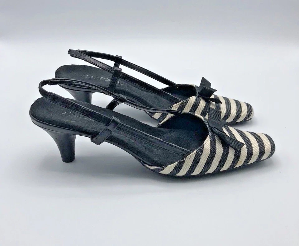 Zapato Aerosoles Cheer Up Mujer Negro Blanco Rayas Tacón Eslinga EE. UU. 6M Usado Foto 1 de 4