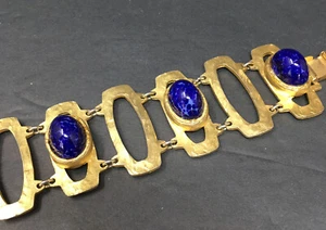 Brazalete Vintage Oro Mate Historia Cristal Lapislázuli Azul Panel Cabujón - Imagen 1 de 7