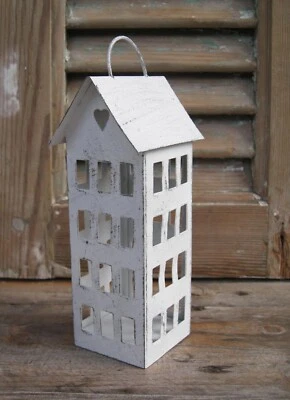 Shabby Deko Mini-Laterne "Herz" zum Hängen weiß Landhaus Windlicht Haus Liebe  - Bild 1 von 4